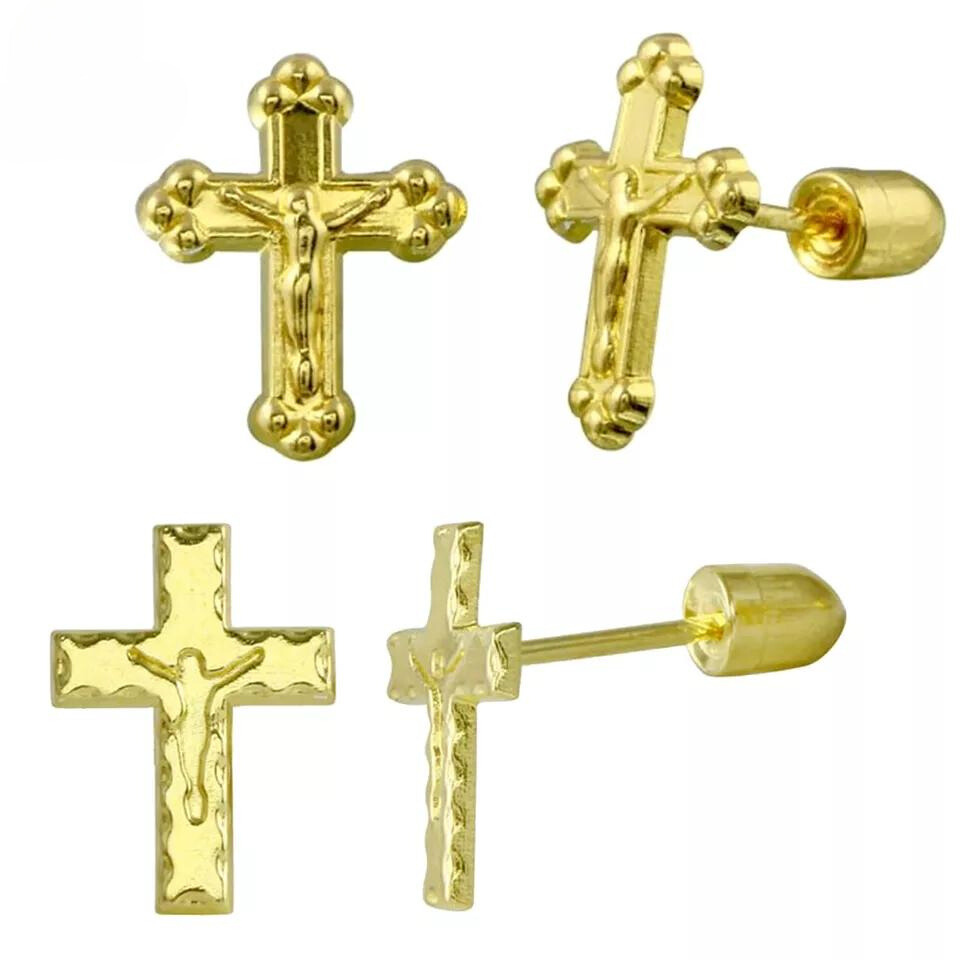 14k Gold Jesus Cross Catholic Crucifix Stud Earrings with Secure Screw Back | Religious Jewelry