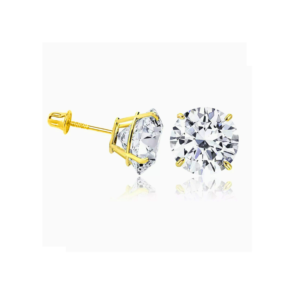 14K Solid Yellow Gold Round Solitaire Cubic Zirconia Stud Earrings | Secure Screw Back Closure