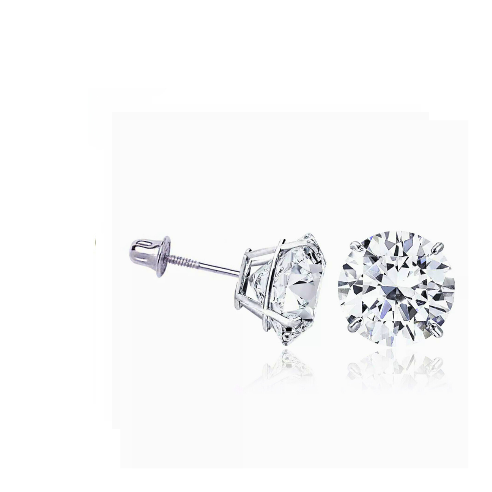 14K Solid White Gold Round Solitaire Cubic Zirconia Screw Back Stud Earrings