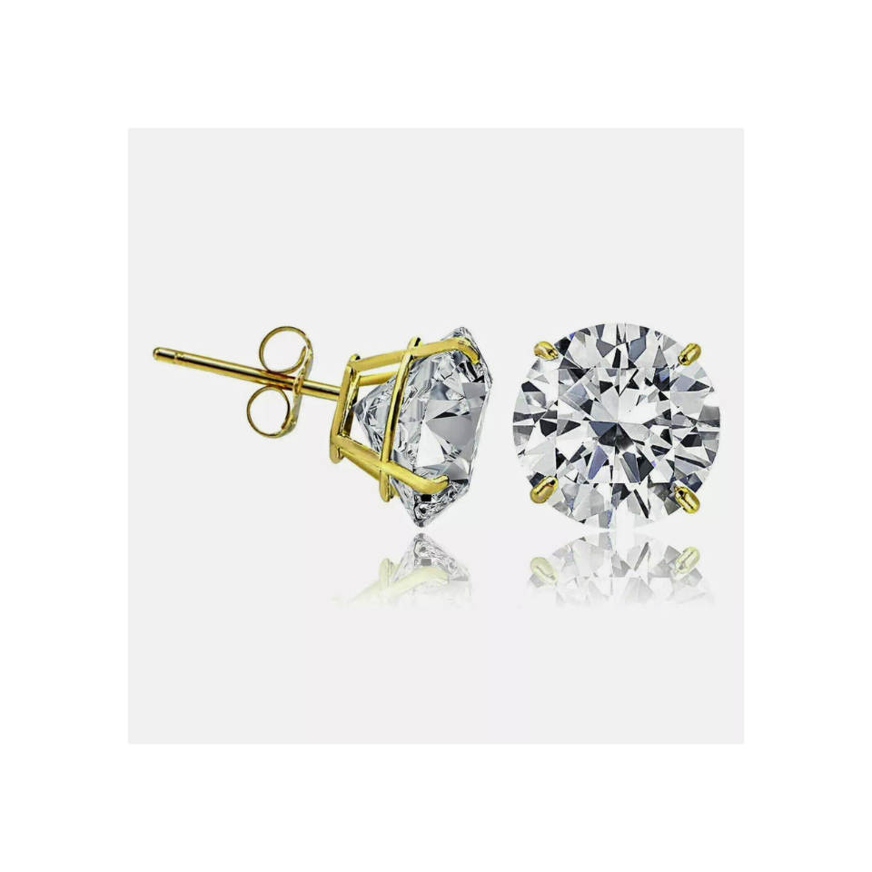 14K Solid Yellow Gold Round Solitaire Cubic Zirconia Push Back Stud Earrings