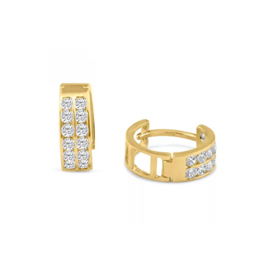 14K Yellow or White Gold Huggie Hoop Earrings with Two Rows of Round Cut Cubic Zirconia|10mm