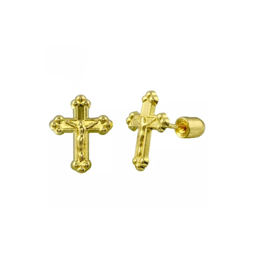 14k Gold Jesus Cross Catholic Crucifix Stud Earrings with Secure Screw Back | Religious Jewelry