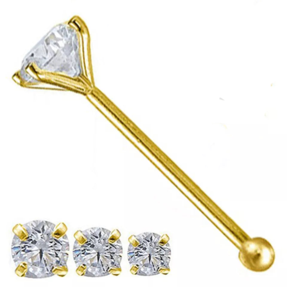 14K Solid Gold Round Cubic Zirconia Nose Stud | Body Jewelry End Bone